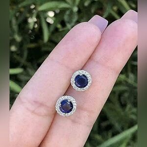 COPY - 4 Ct Round Lab Created Blue & White Sapphire Halo Stud Earrings 14K Whit…